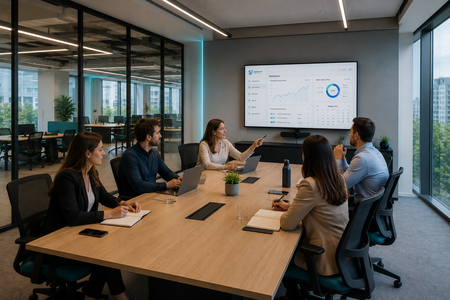 Team in einer Besprechung analysiert ein Dashboard zur Flächennutzung am Bildschirm
